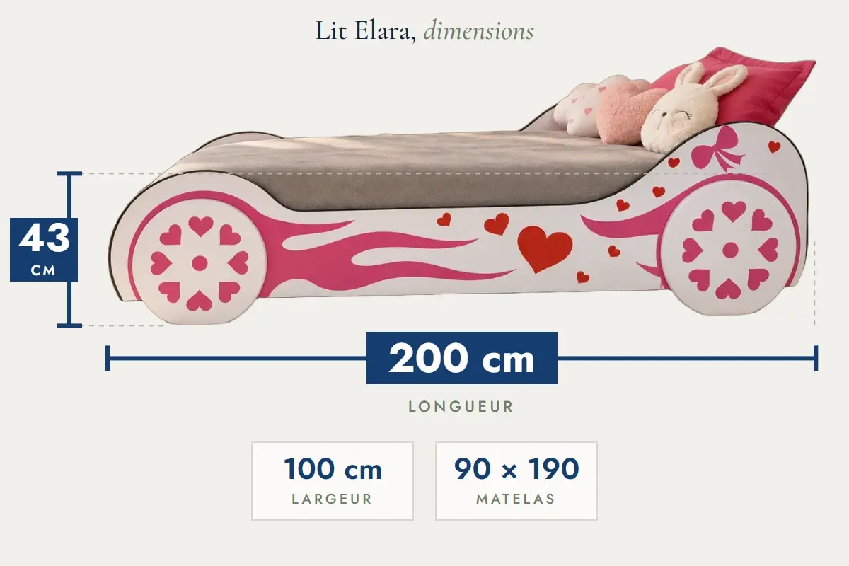 Lit Elara : 200 cm de long, 100 cm de large, 43 cm de haut, matelas 90 × 190 cm
