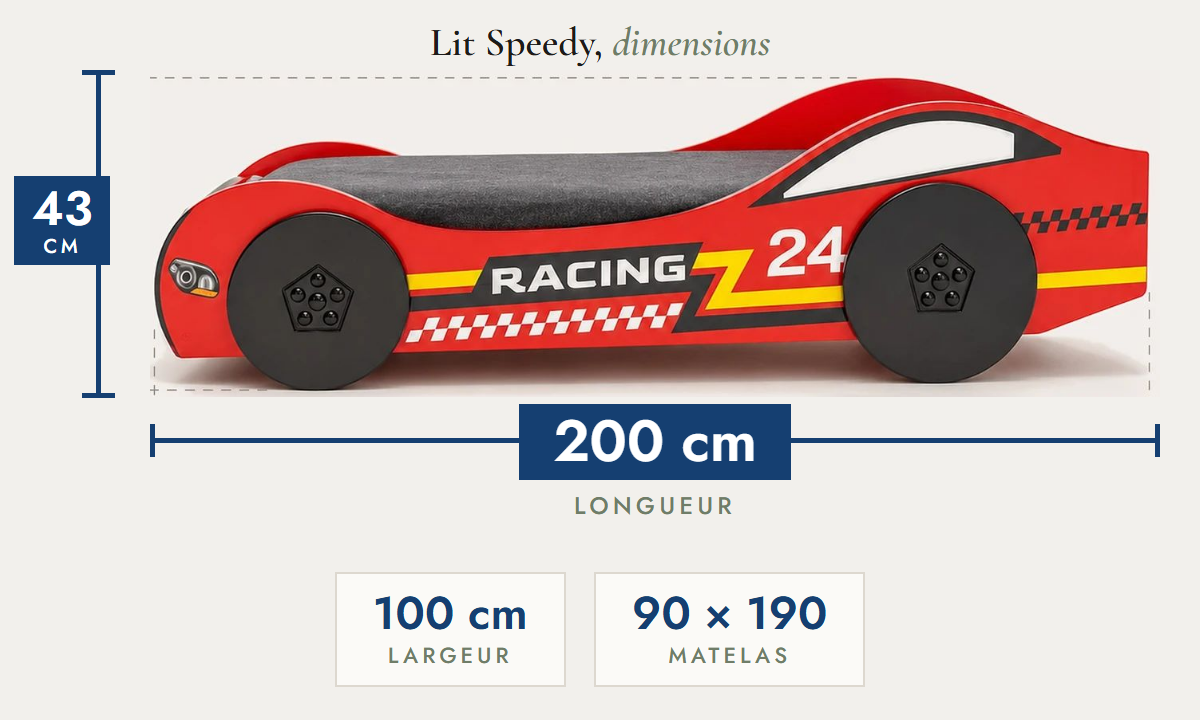 Speedy bed: 200 cm long, 100 cm wide, 43 cm high, 90 × 190 cm mattress