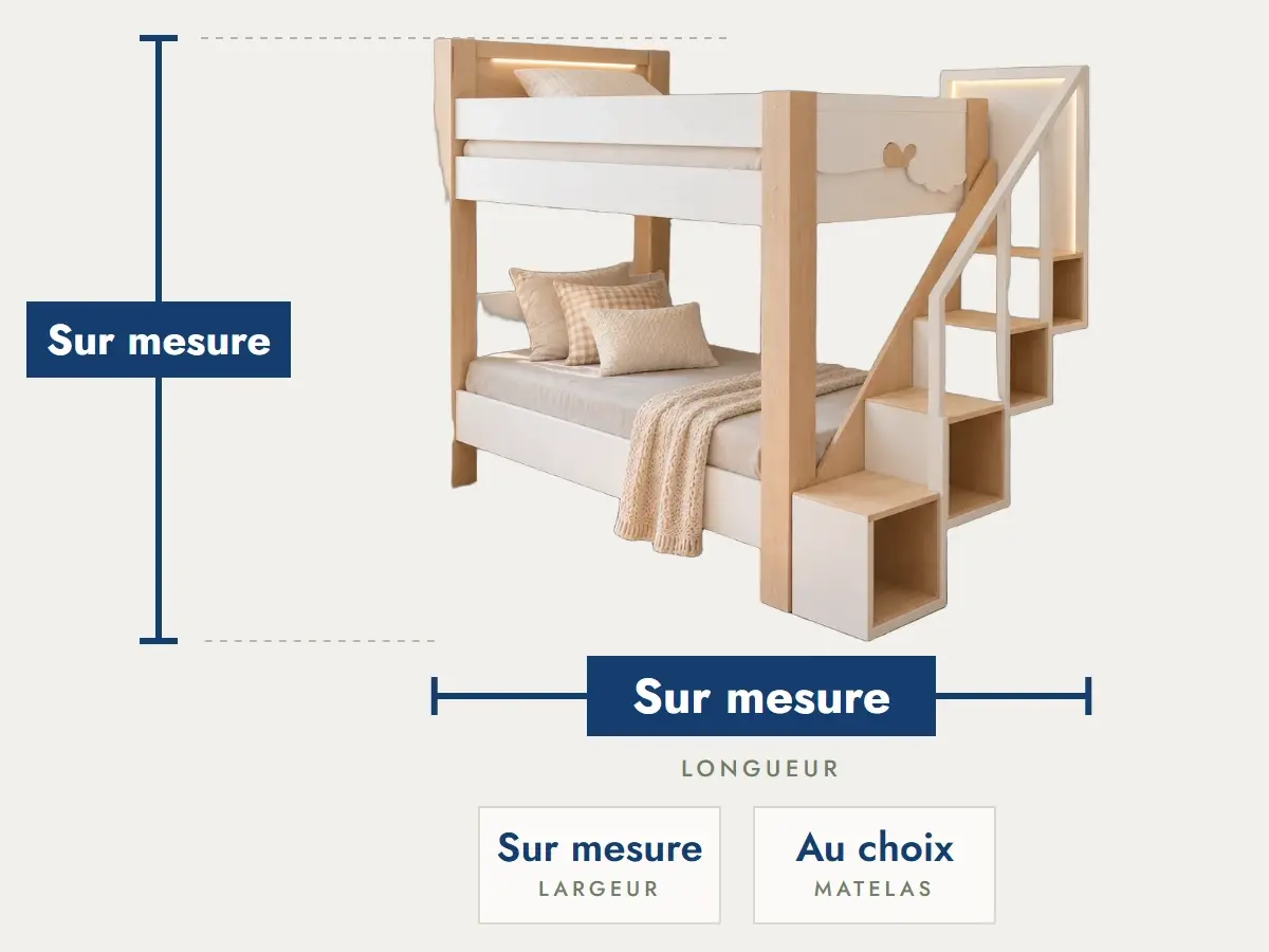 Lit superposé Tania 2 : longueur, hauteur et largeur sur mesure, matelas au choix