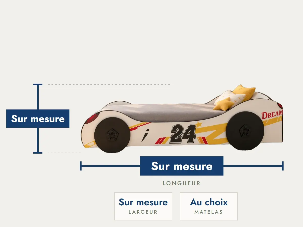 Pack lit Voiture Blanche : longueur, hauteur et largeur sur mesure, matelas au choix